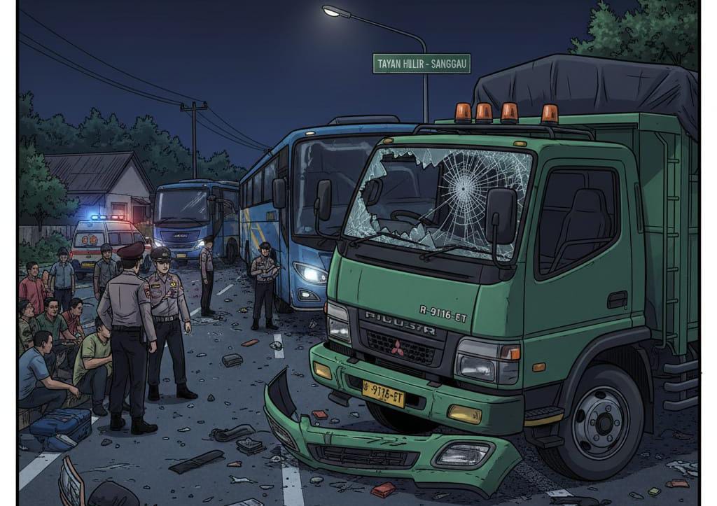 Tabrakan Beruntun Dua Bus Damri dan Truk di Tayan Hilir, Sopir Truk Tewas, Belasan Penumpang Luka-luka
