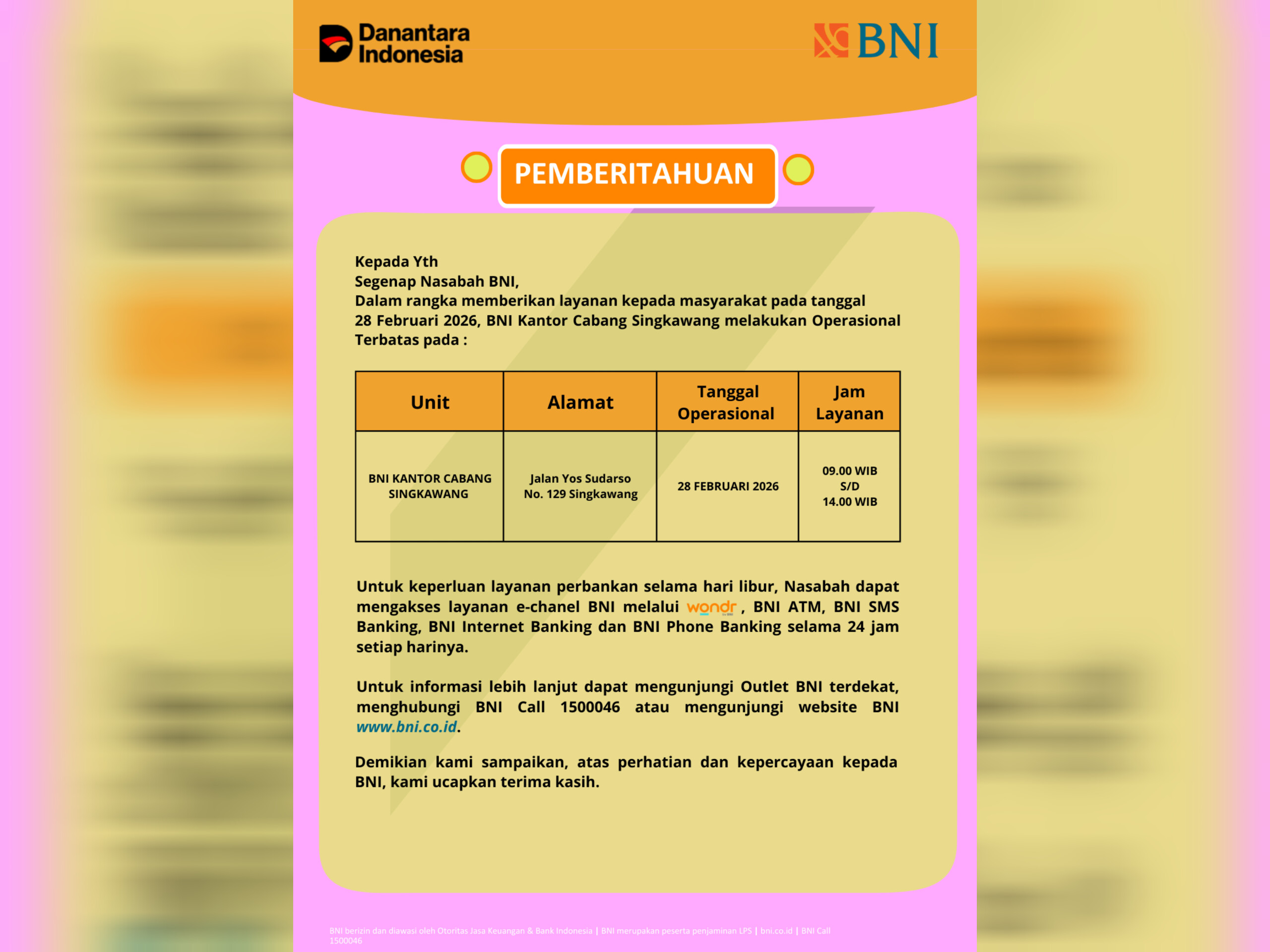 PENGUMUMAN! Kantor Bank BNI Cabang Singkawang Tetap Buka di Tanggal 28 Februari 2026